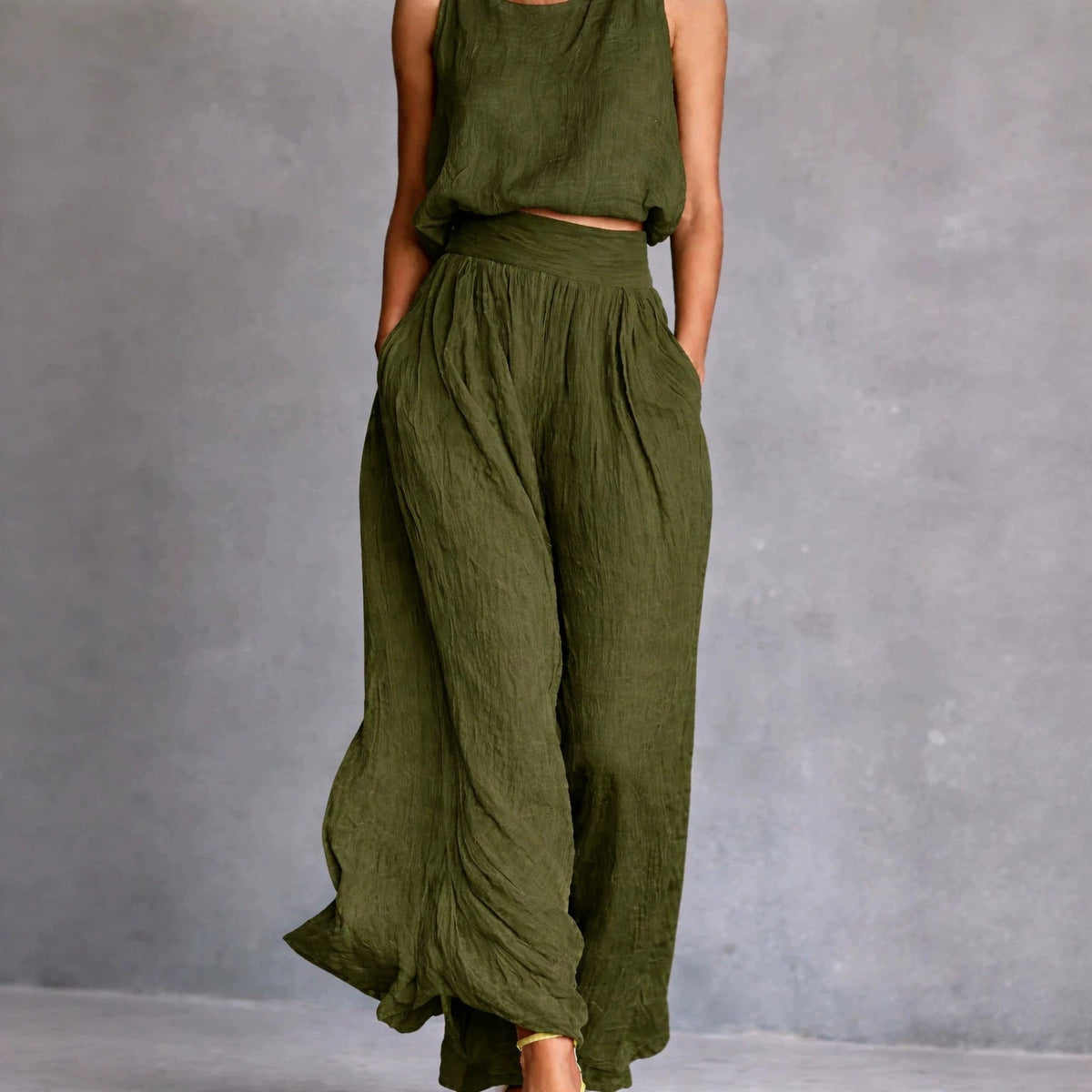 Chartreuse Textured Linen Matching Set, Sleeveless Tank Top & High Waist Flowy Wide Leg Pants