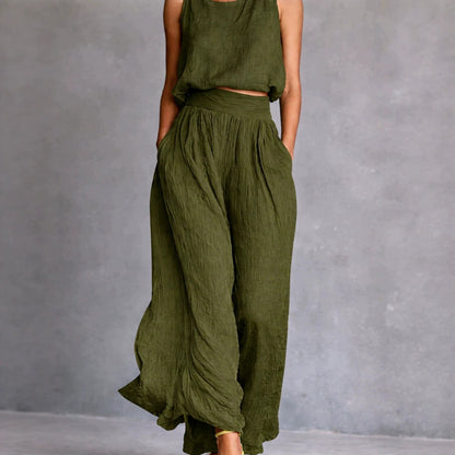 Chartreuse Textured Linen Matching Set, Sleeveless Tank Top & High Waist Flowy Wide Leg Pants