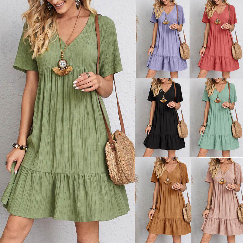 Women'S Clothing Skirt Loose Casual Short-Sleeved Waist Elegant Dress