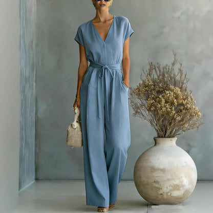 Elegant V-Neck Belted Jumpsuit for Women - Casual & Chic One-Piece Outfit for Everyday & Occasion Wear