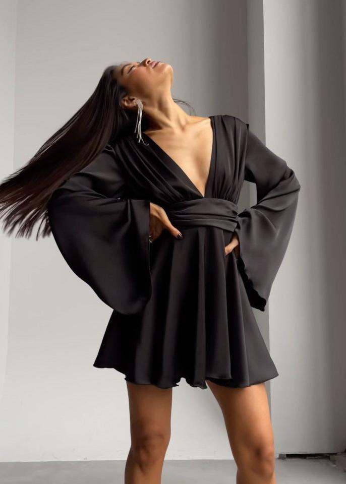 Satin Mini Dress With Bell Sleeves And V Neckline