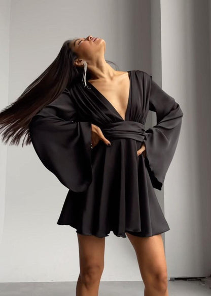 Satin Mini Dress With Bell Sleeves And V Neckline