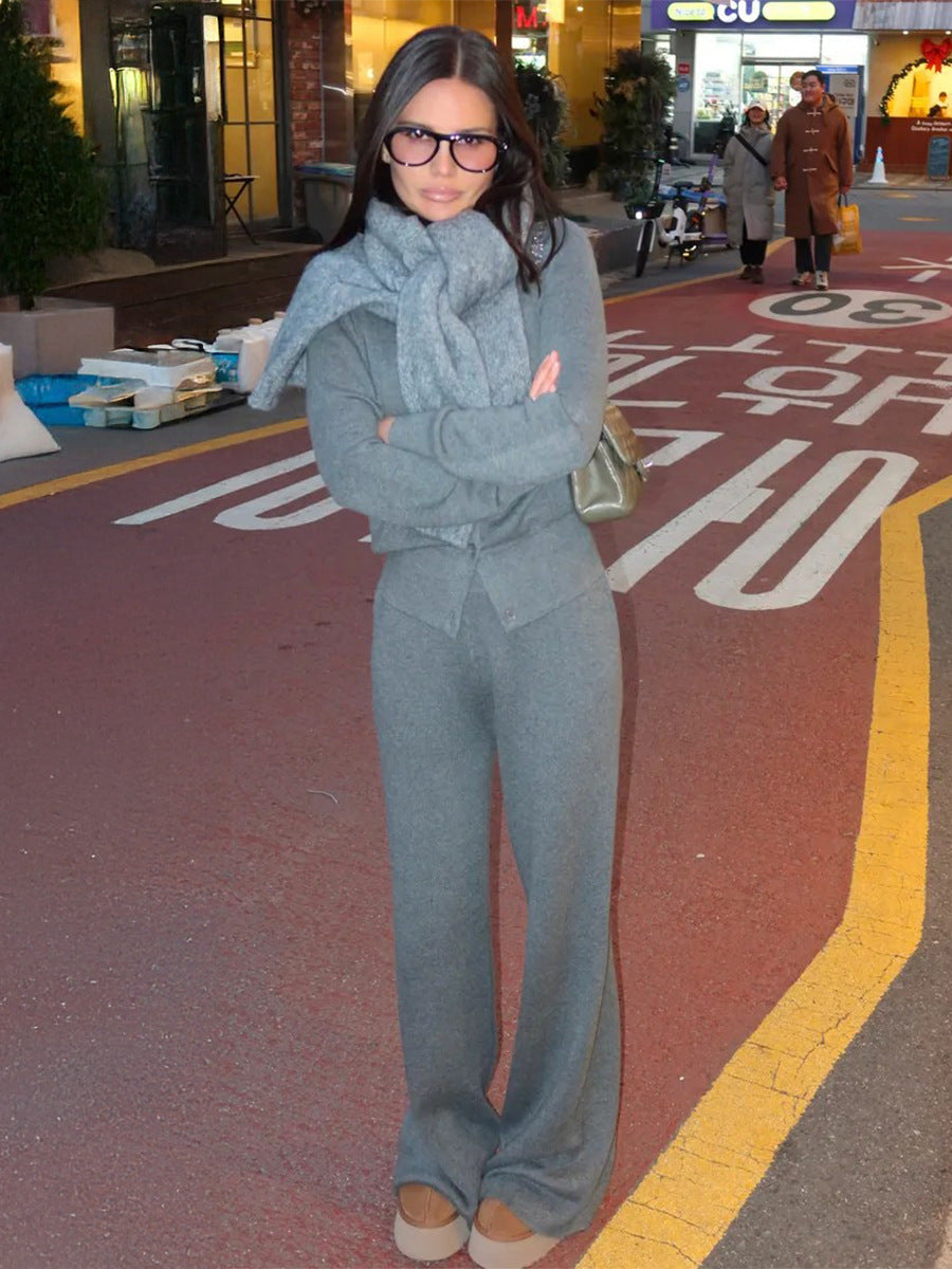 Casual Knit Cardigan Set with Long Pants