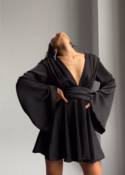 Satin Mini Dress With Bell Sleeves And V Neckline