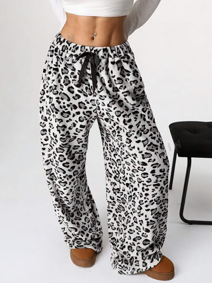 Casual Leopard Print Elastic Waist Wide Leg Pants