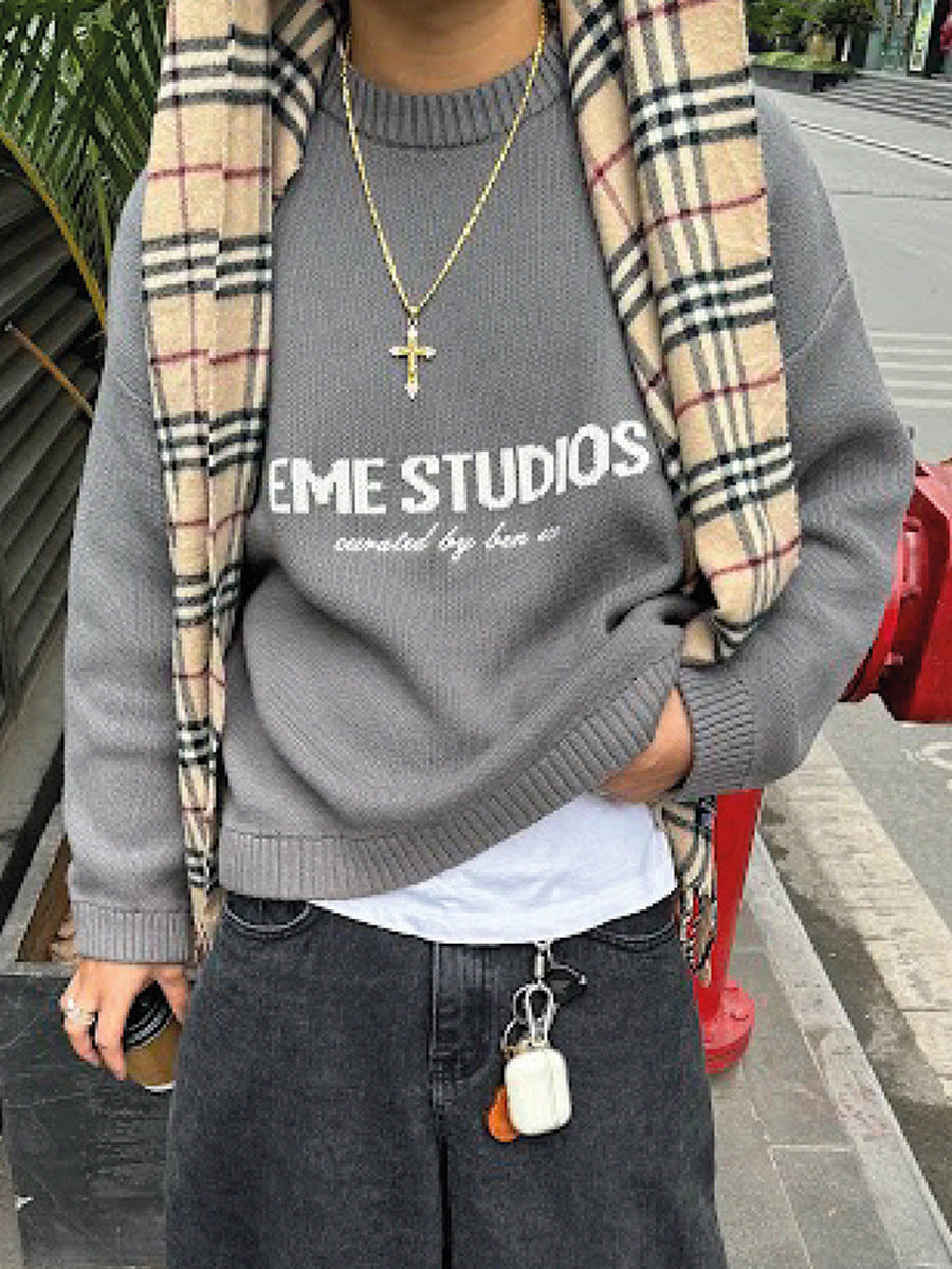Letter Pattern Knitted Sweatshirt Casual Pullover for Women