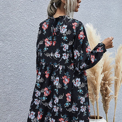 Black Background Small Collar Fashion Leisure High Waist A-Line Skirt Temperament Autumn And Winter Dress Women'S Long Sleeves