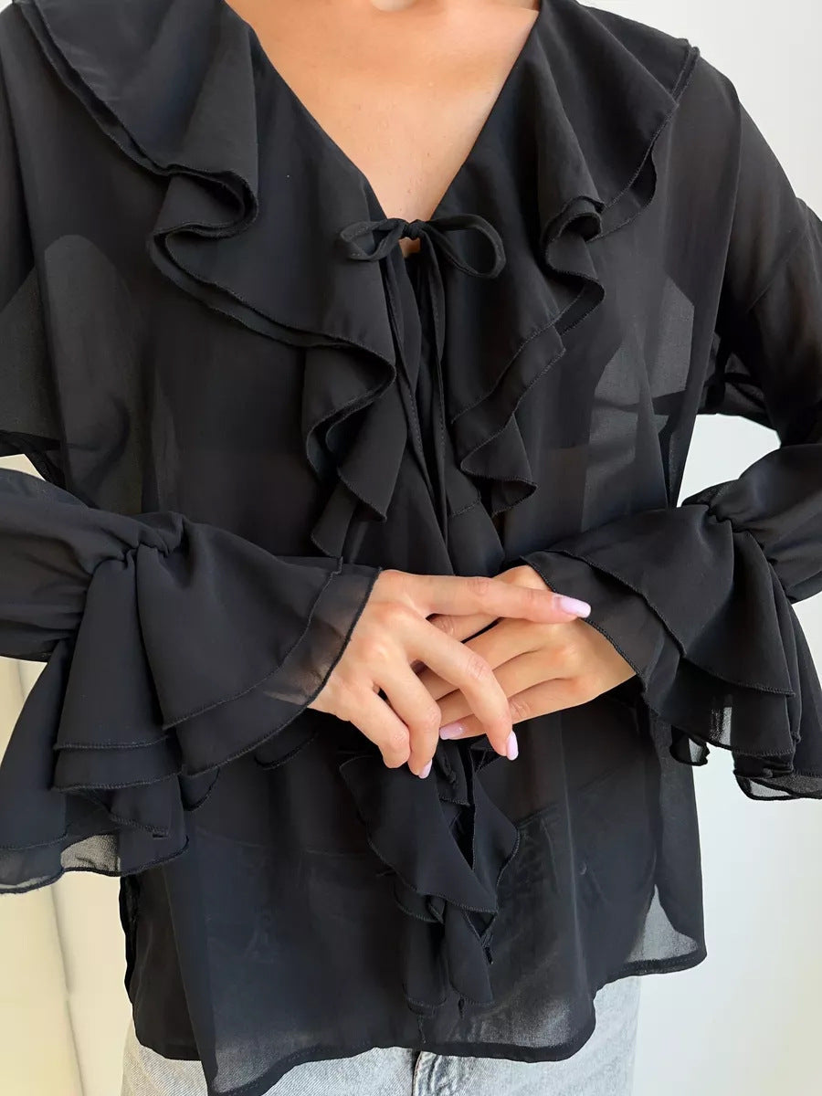 Ruffle V-Neck See Through String Tops