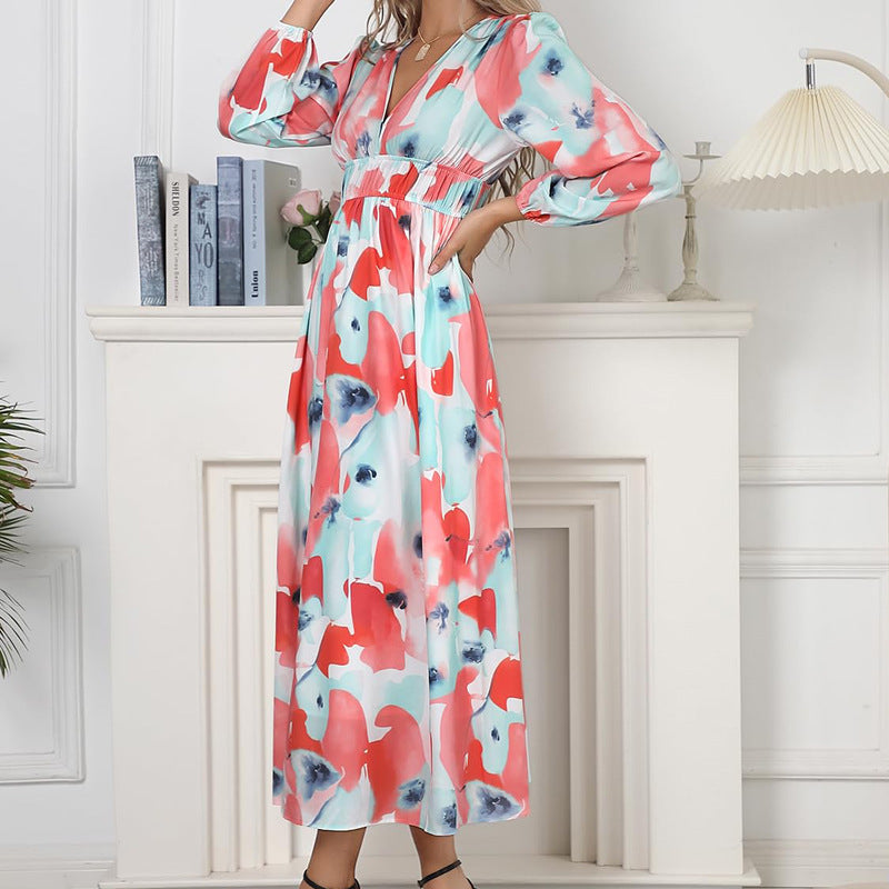 Bohemian Style New Spring And Autumn Deep V Print High Waisted Casual Long Sleeved Mid Length Dress