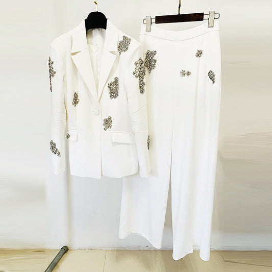 Beaded Blazer and Wide-Leg Pants Set