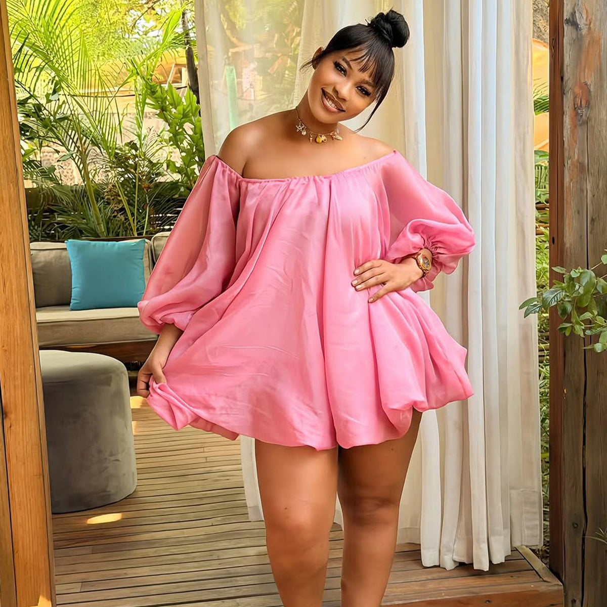 Off-Shoulder Puff Sleeve Dress In Blush And Fuchsia For Plus Size