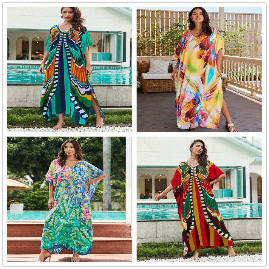 Cotton Printed Beach Cover Shirt Loose Robe Holiday Sunscreen Shirt Bikini Cover Up