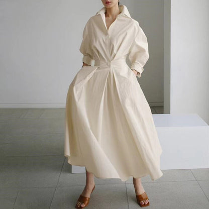 Cotton And Linen Net Color Lapel /Polo Collar Shirt Sleeve Elastic Waist Big Swing Dress