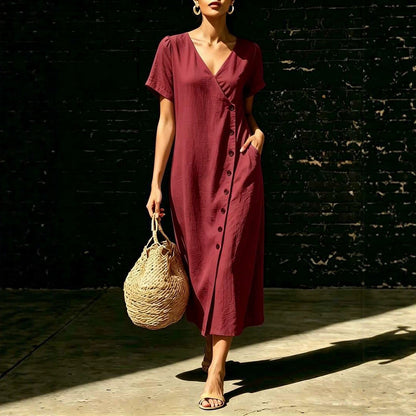 Linen Wrap V Neck Side Button Short Sleeve Midi Dress