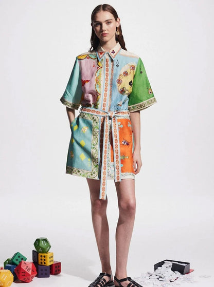 Casual Printed Linen Dress with Bell Sleeves