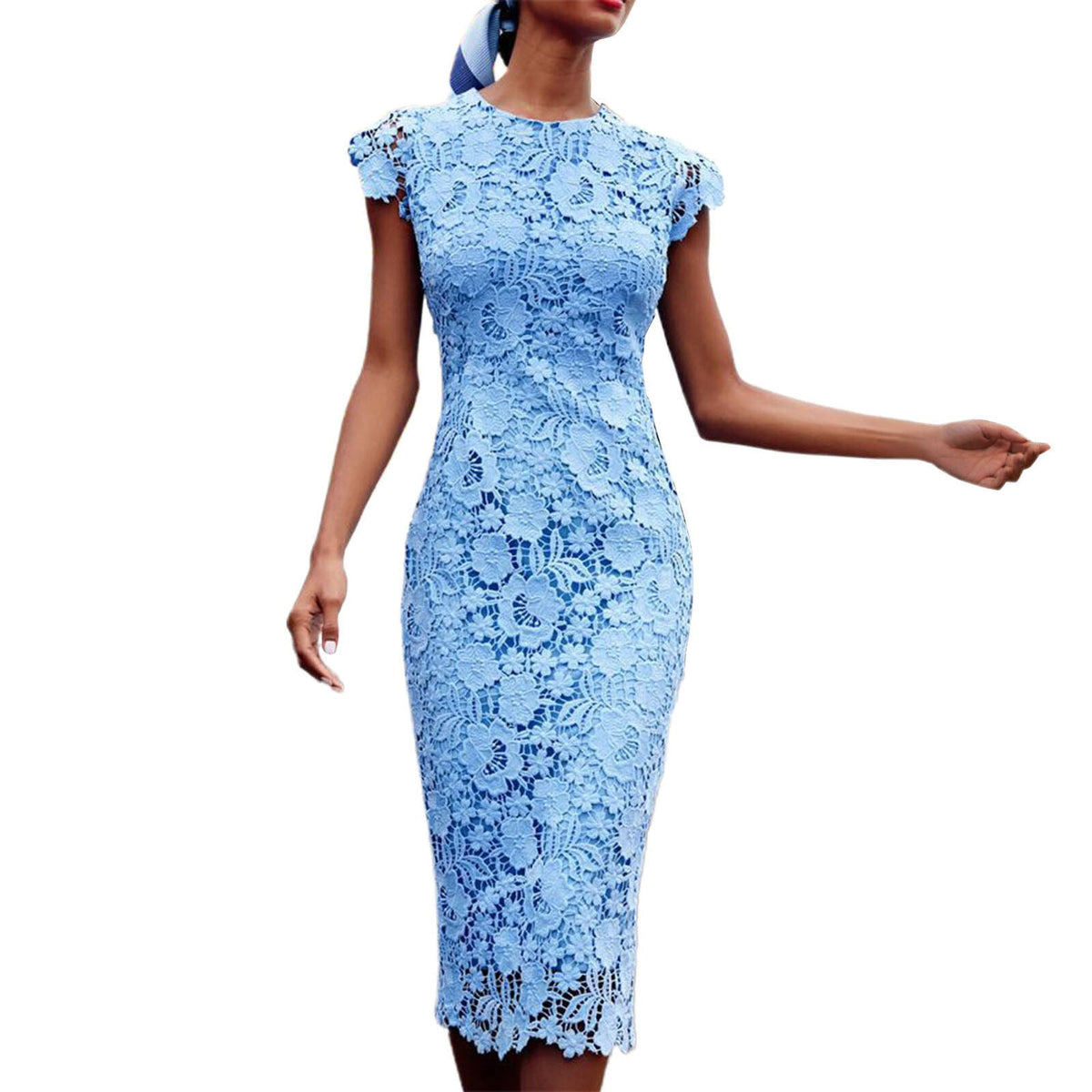 Elegant Lace Midi Dress With Round Neck Short Sleeves