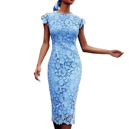 Elegant Lace Midi Dress With Round Neck Short Sleeves