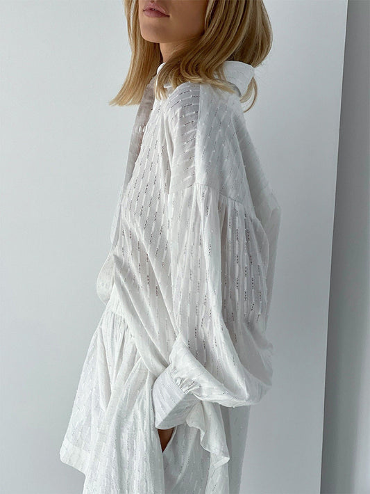 Jacquard Puff Sleeve Shirt Short Set