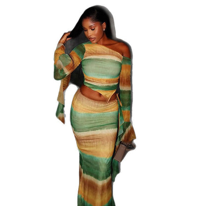 Color Block Asymmetrical Midi Dress Two-Piece Set