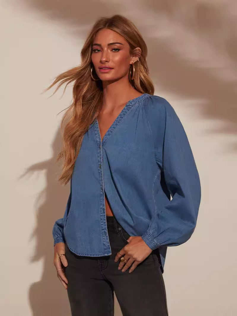 Casual V-Neck Denim Long Sleeve Top