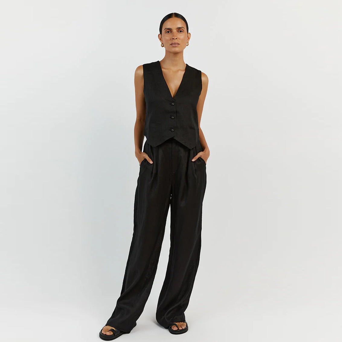 Casual Sleeveless Cotton Vest & Long Pants Set
