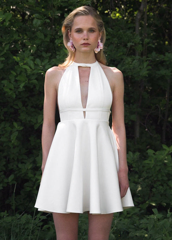Halter Backless Fit Flare Dress White Fabric