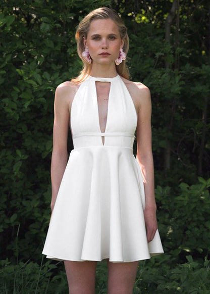 Halter Backless Fit Flare Dress White Fabric