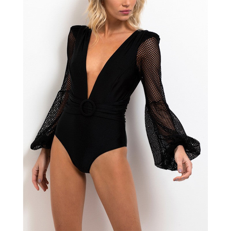 New Open Back Long Sleeved One Piece Swimwear High Waist Lace Up V-Neck Swimwear For Women Bikini