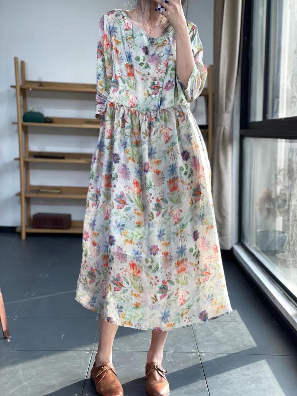Summer Printing Unique And Unique Skirt Round Neck Forest Cotton Linen Imitation Ramie Fragmented Flower Dress