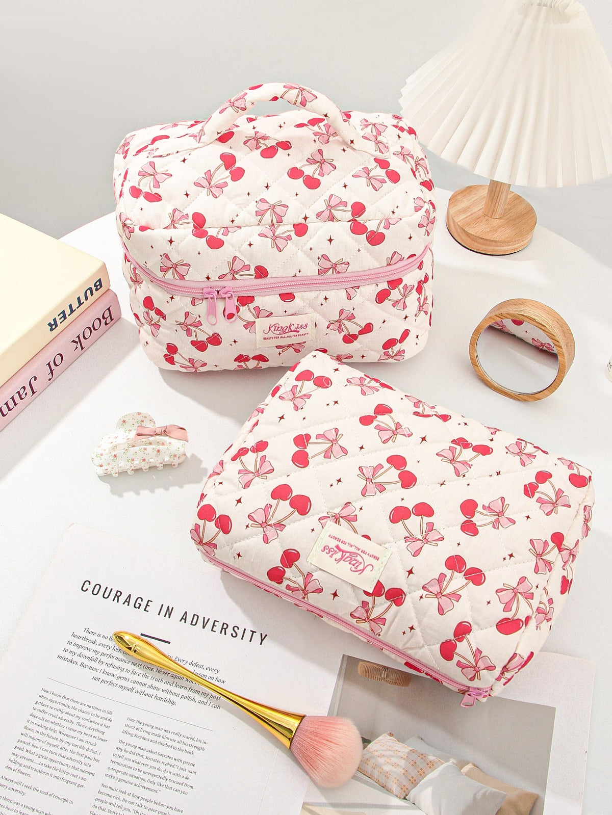 Cute Cherry Bow Print Travel Makeup Bag