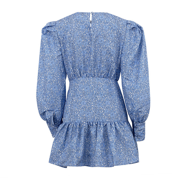 Floral Print Pleated Mini Dress with Long Sleeves