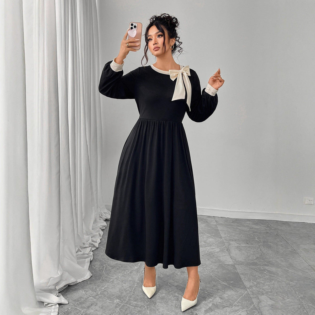 Color Block Bow Accent Midi Dress For Women