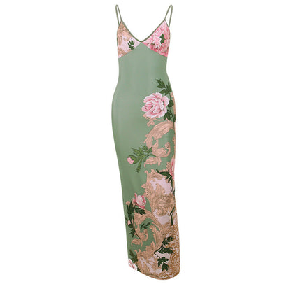Suspender V-Neck Print Sexy Slim Dress Summer Vacation Style Hot Girl Backless Dress Women