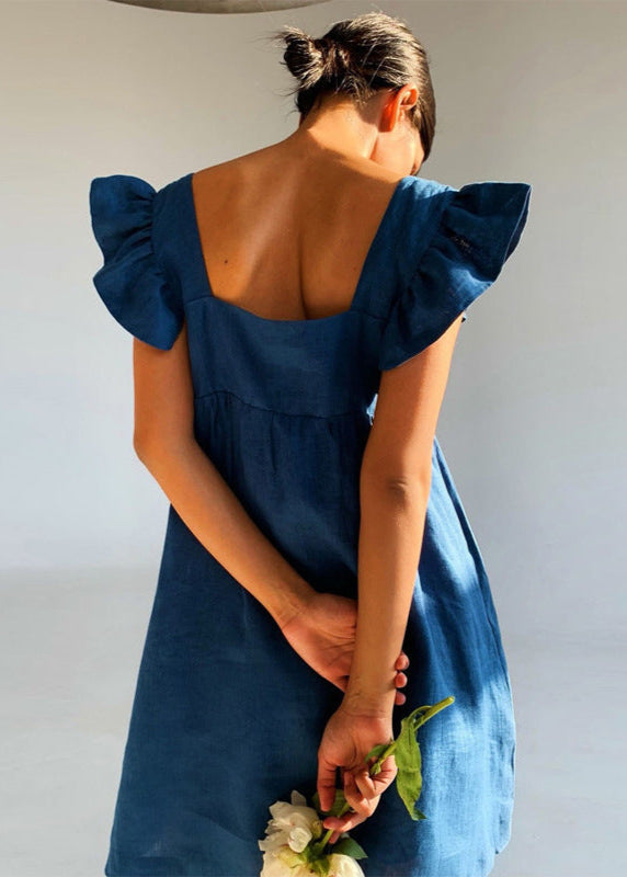 Linen Mini Dress With Flutter Sleeves And Square Neckline