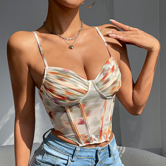 Sexy Fishbone Corset Top Retro Print Camisole For Easter