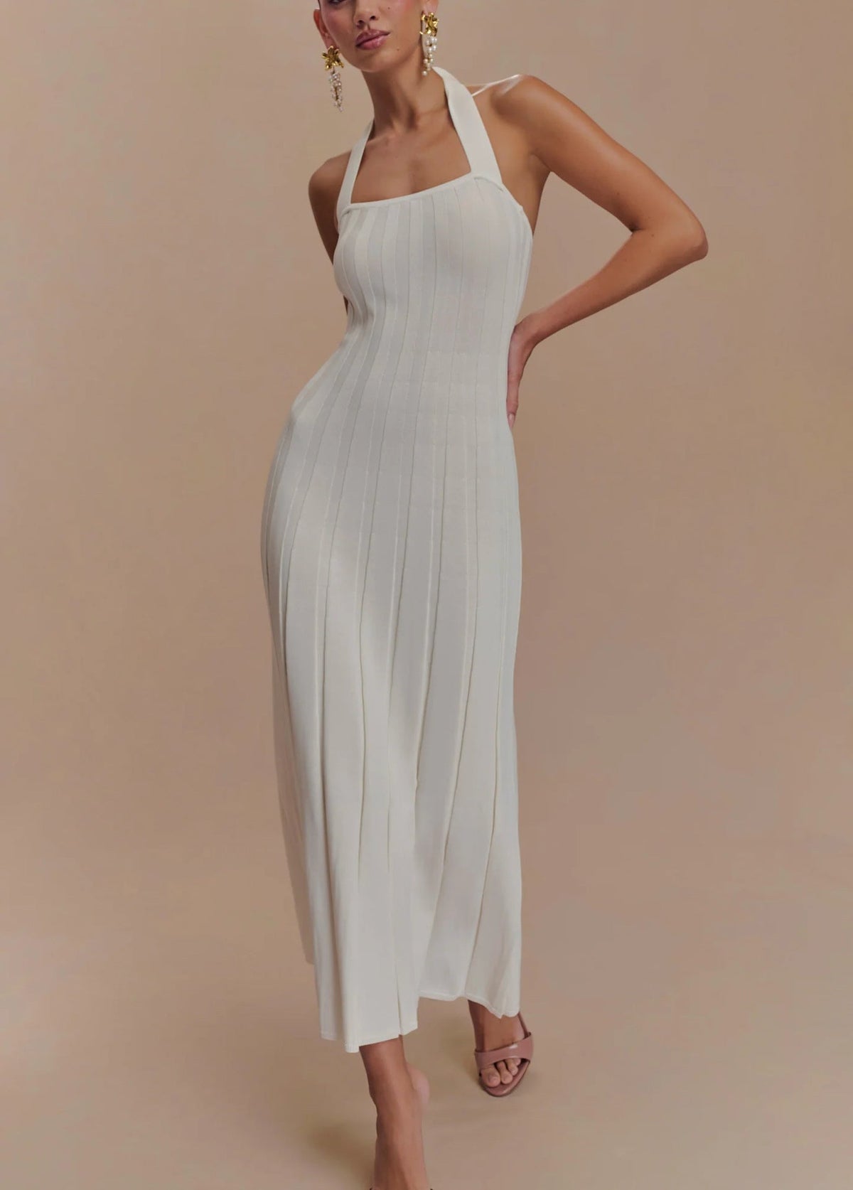 Knit Midi Dress With Halter Tie Back Detail