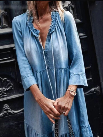 New Washed Denim Large Swing Long Skirt With Medium And Long Sleeves