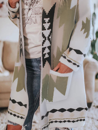 Autumn And Winter New Women'S Long Sleeved Printed Cardigan Coat Woolen Coat