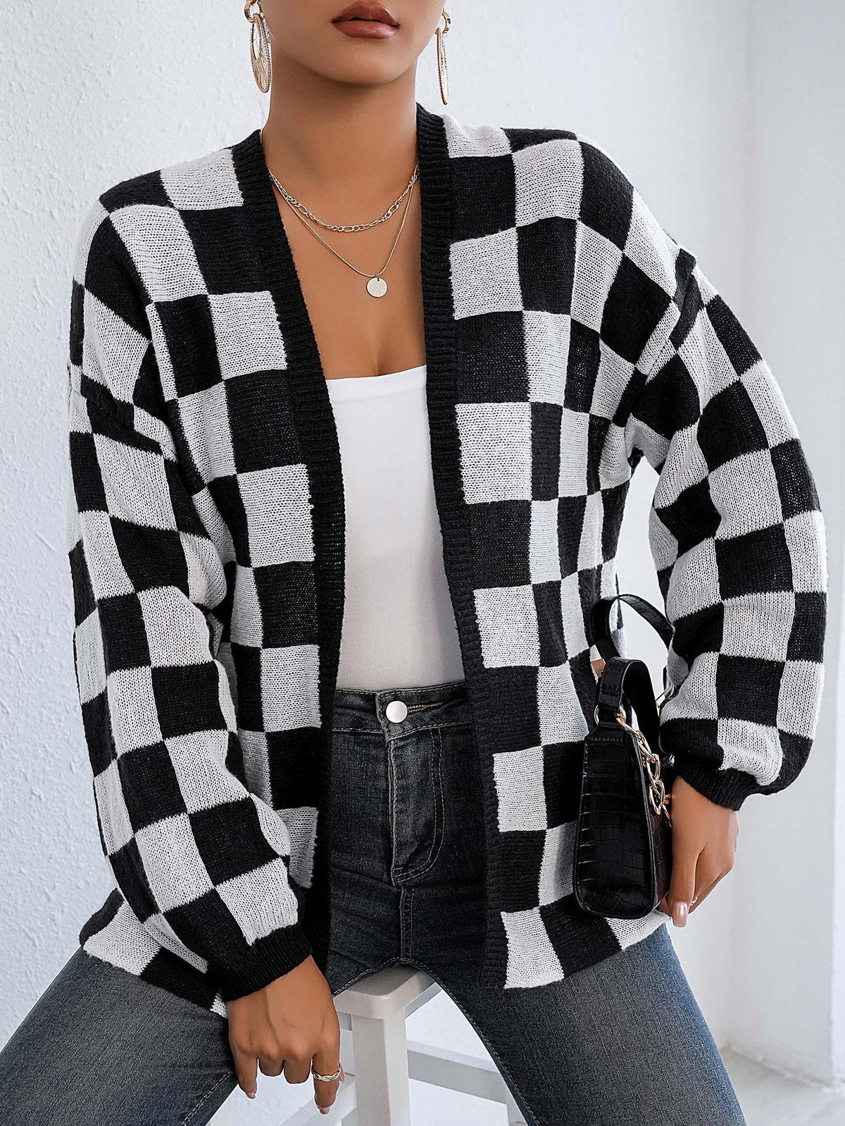 Women鈥檚 Color-Blocked Plaid Knit Cardigan Casual Sweater