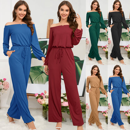 Women'S Autumn And Winter New Casual One Shoulder Long Sleeved Waist Trimming Jumpsuit With Tie Up Wide Leg Pants