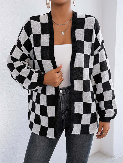 Women鈥檚 Color-Blocked Plaid Knit Cardigan Casual Sweater