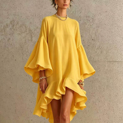 Satin Round Neck Oversized Bell Sleeve High Low Ruffle Mini Tunic Dress