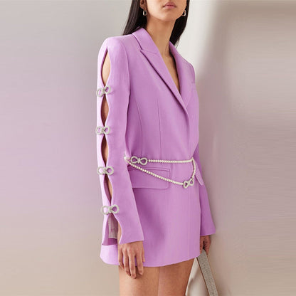 Elegant Blazer Dress With Hollow Design And Pearl Bow
