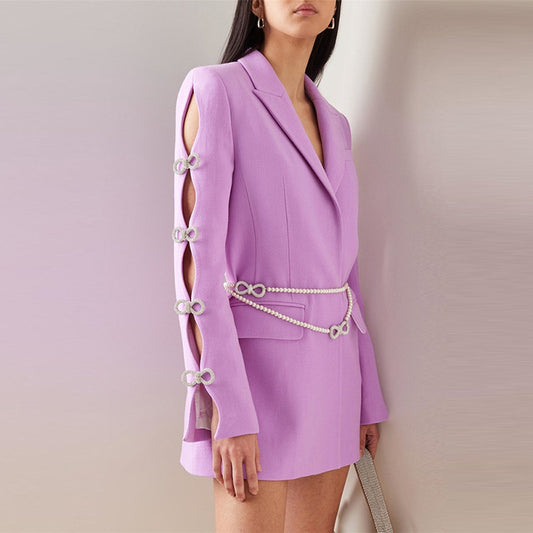 Elegant Blazer Dress With Hollow Design And Pearl Bow