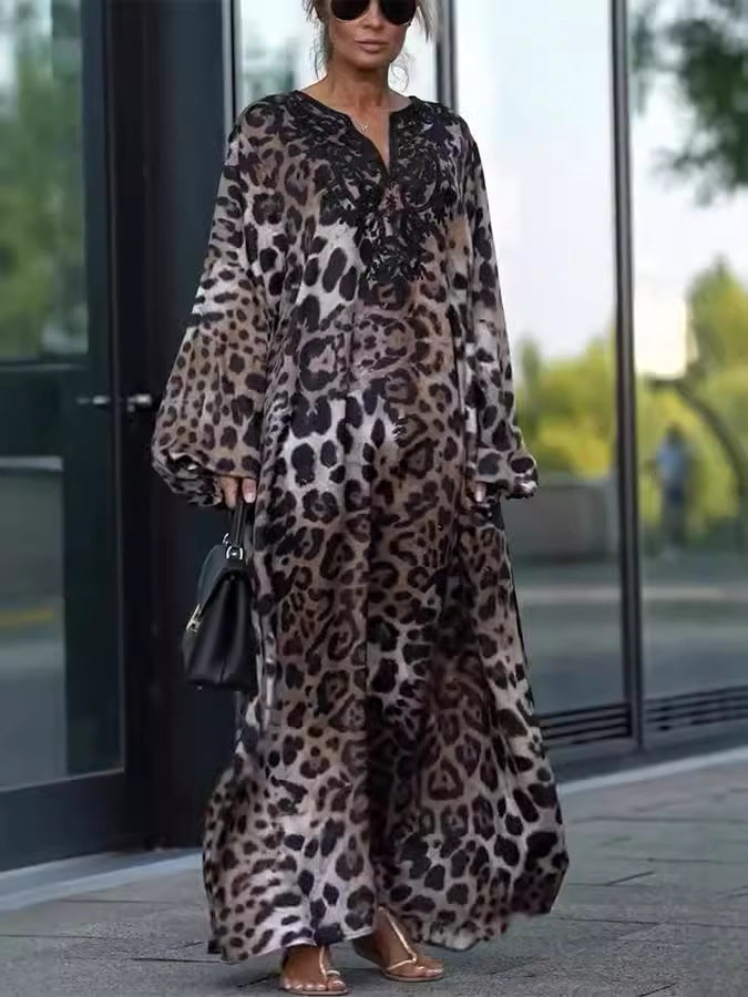 Loose Fit Leopard Print Long Sleeve Dress