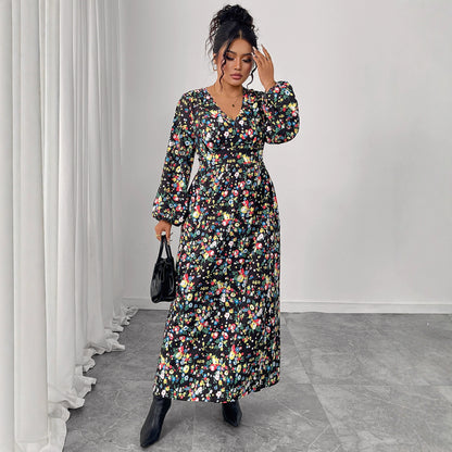 Printed V-Neck High-Waist Loose Maxi Dress