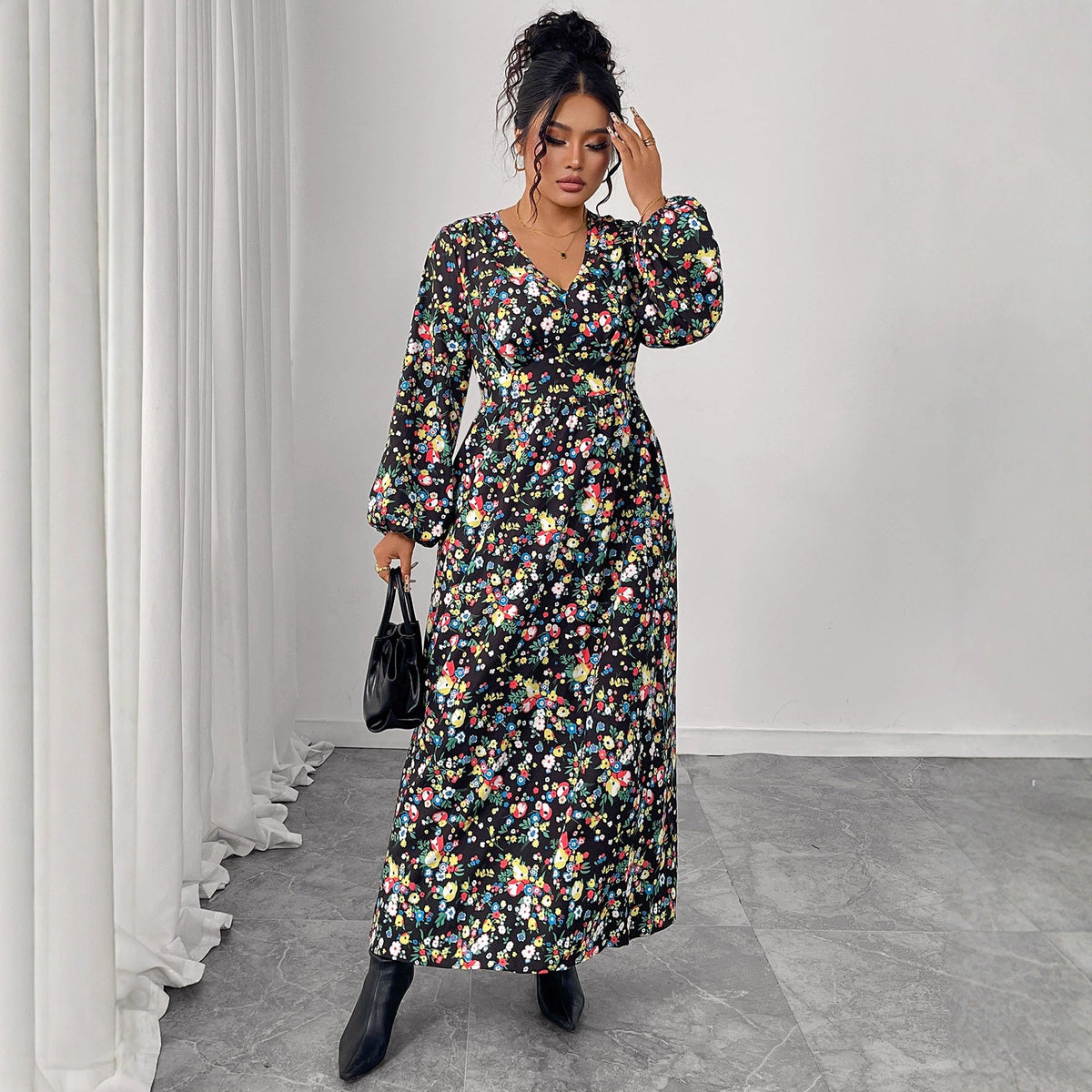 Printed V-Neck High-Waist Loose Maxi Dress