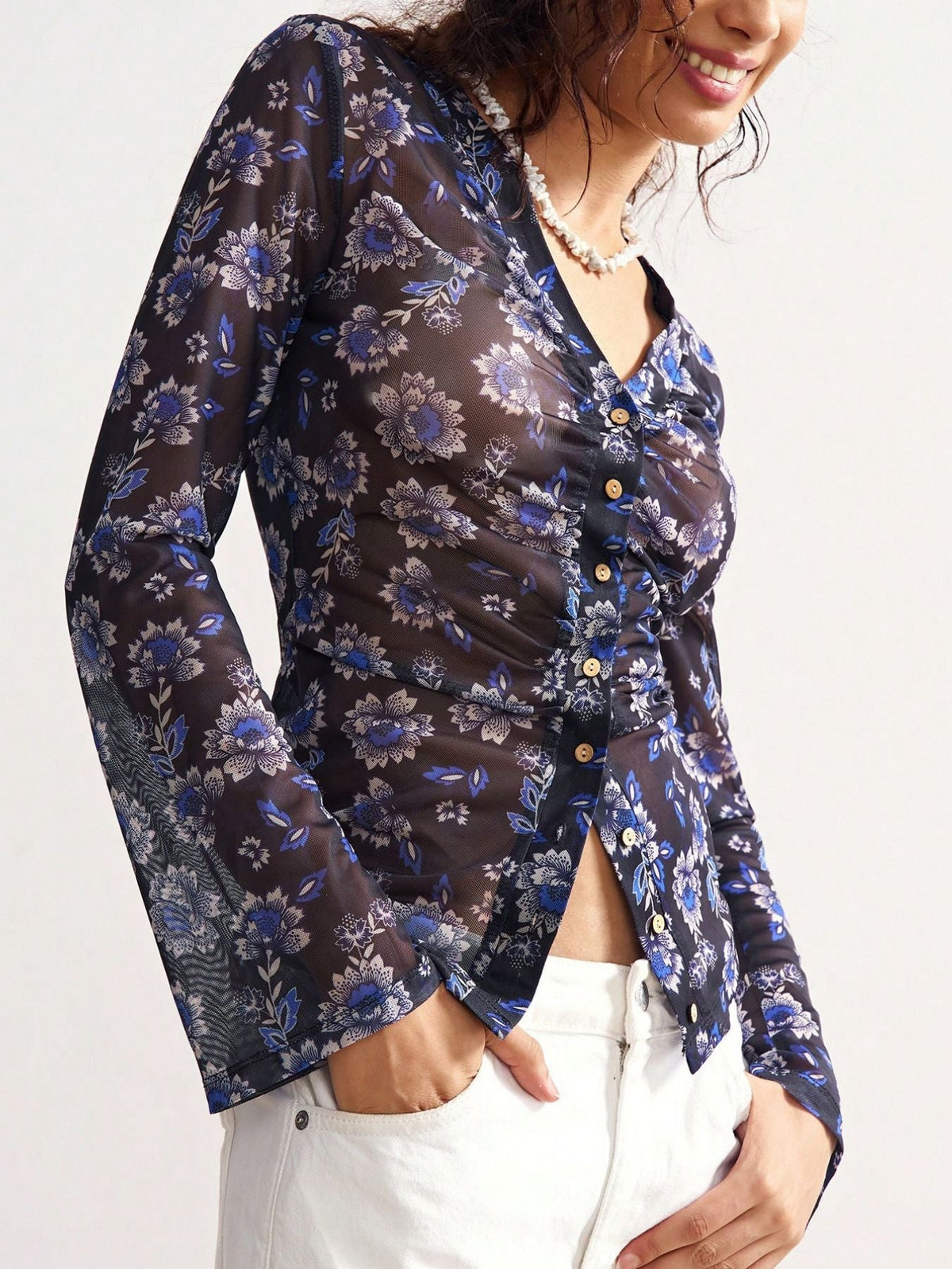 Elegant Floral Print V- Neck Long Sleeve Blouse