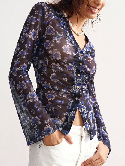 Elegant Floral Print V- Neck Long Sleeve Blouse