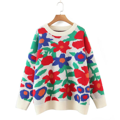 Autumn And Winter New Large Flower Embroidery Round Neck Loose Long-Sleeved Knitted Sweater Pullover Women'S
